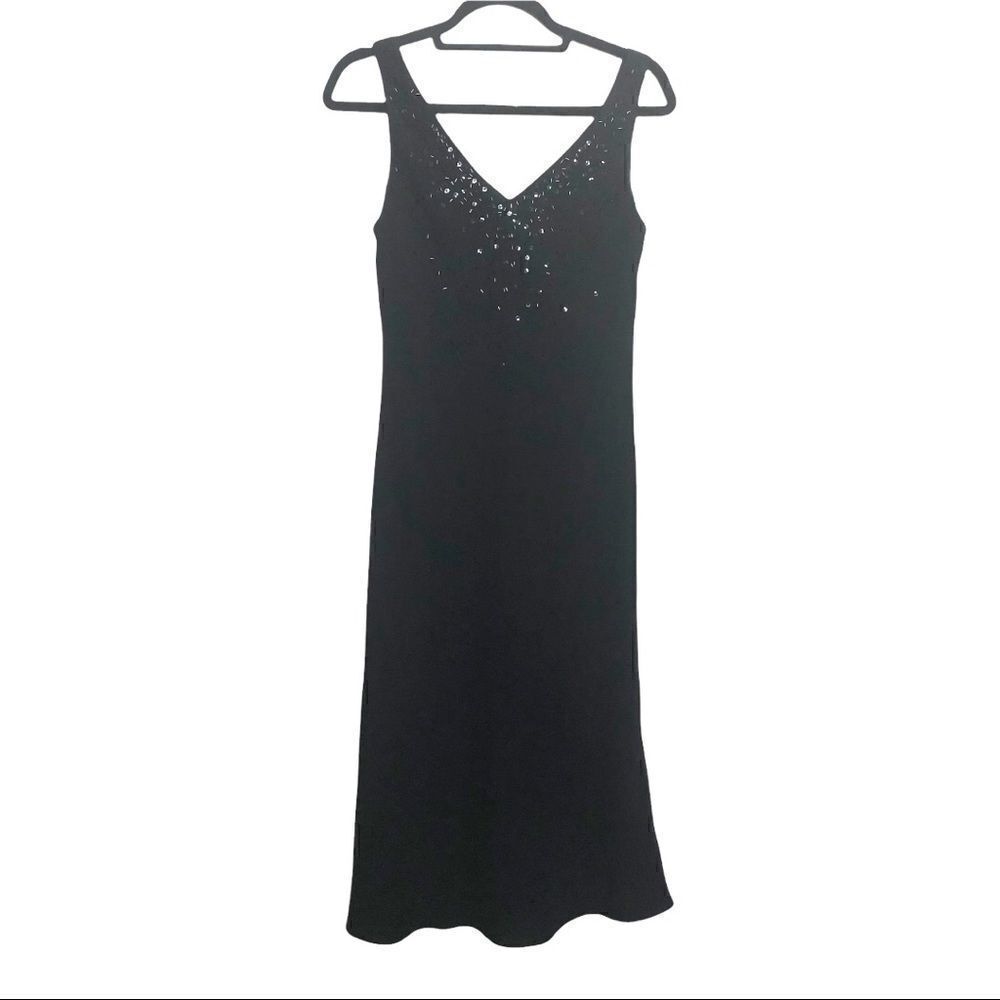 Jones New York Black Sleeveless V-Neck Embellishment Formal Midi Dress Size 12